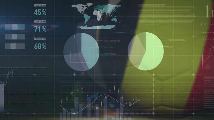 Overlaying global map, Belgium flag and data charts showing testing percentages
