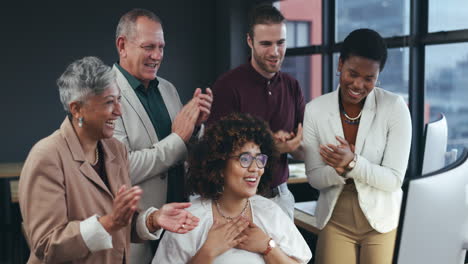 Computer,-winner-and-business-woman-clapping