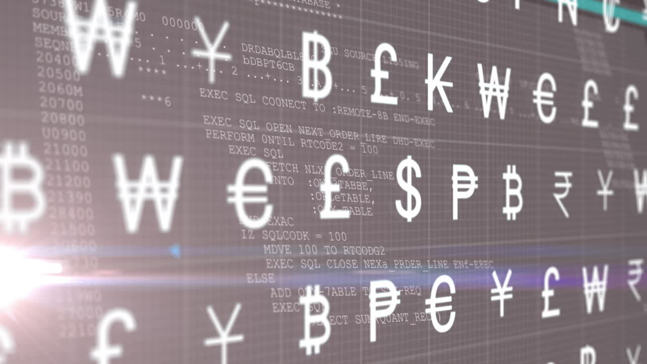 다중 통화 기호의 애니메이션은 검은색 배경에 빛의 반점에 대한 데이터 처리를 통해