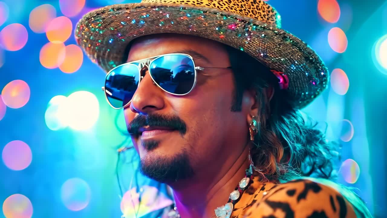 un hombre con una camisa de impresión de leopardo y un sombrero de paja y gafas de sol