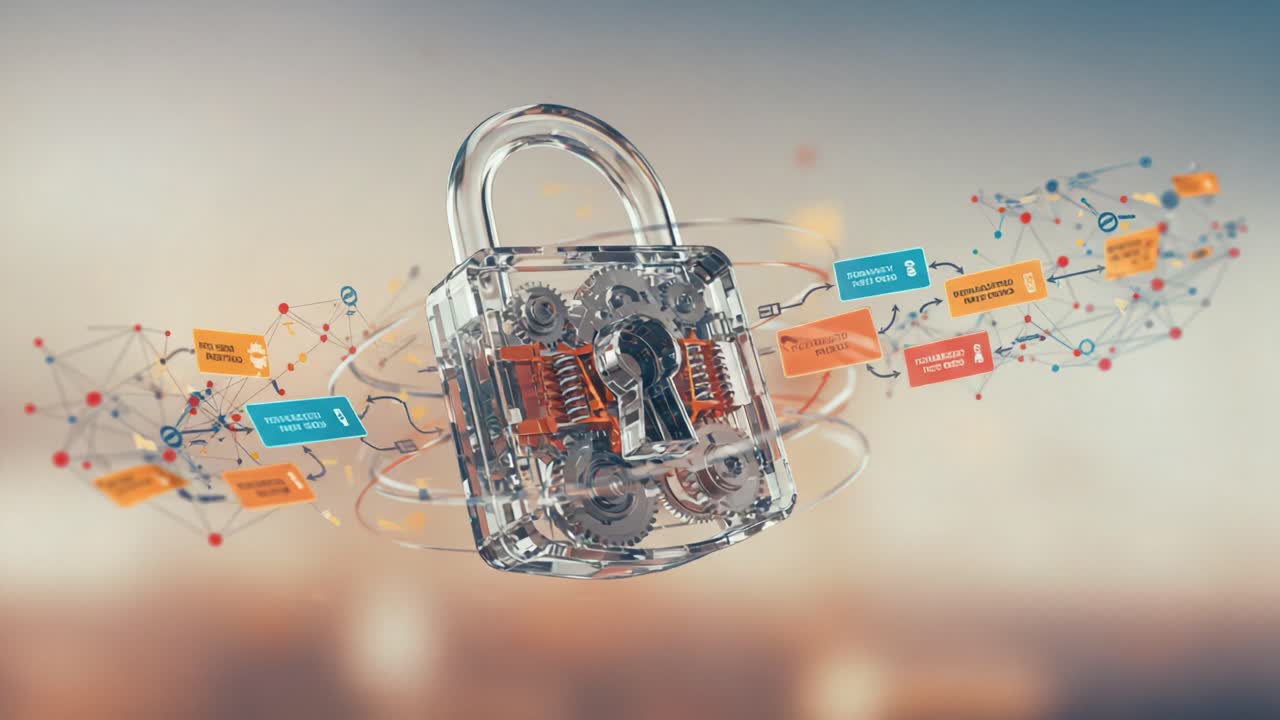 A Transparent Padlock with Gears and Data Connections: Symbolizing Digital Security and Encryption in a Complex Network of Information Flow, Protecting Sensitive Data