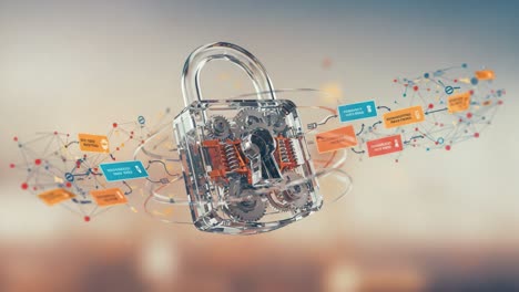 a transparent padlock with gears and data connections: symbolizing digital security and encryption in a complex network of information flow, protecting sensitive data