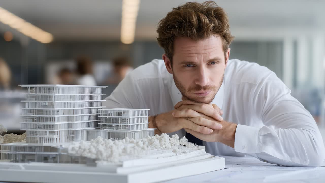 A Thoughtful Architect Contemplates His Design as He Examines a Detailed Scale Model of a Modern Building in an Office Environment