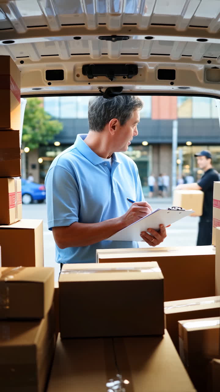 Delivery driver inspecting packages in a commercial van