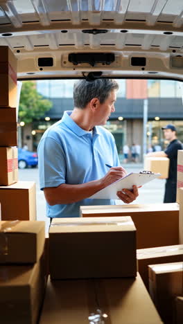 delivery driver inspecting packages in a commercial van