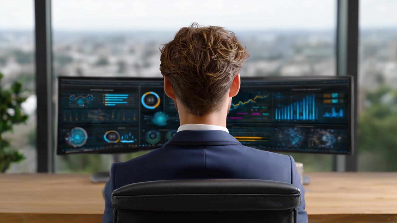 Individual Analyzing Data on Multiple Screens While Monitoring Performance Metrics and Growth Trends in a Modern Office Environment