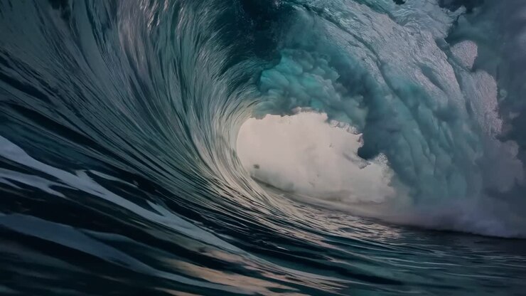 Dramatic video captures a powerful ocean wave from a low-angle perspective, highlighting its dynamic