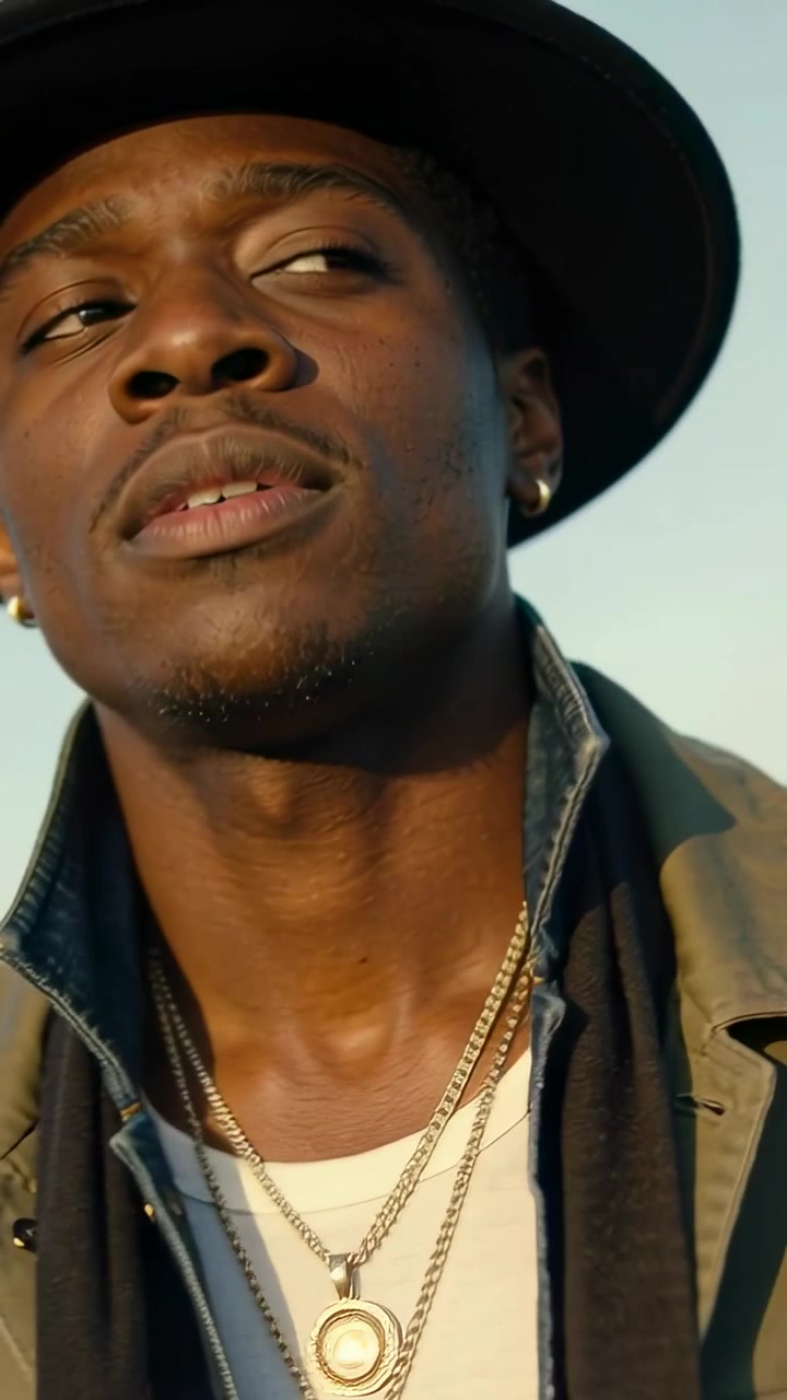 Video vertical: Tocándose el cuello, hombre ajustándose la chaqueta y mostrando un collar bajo un cielo azul, con sombrero fedora.