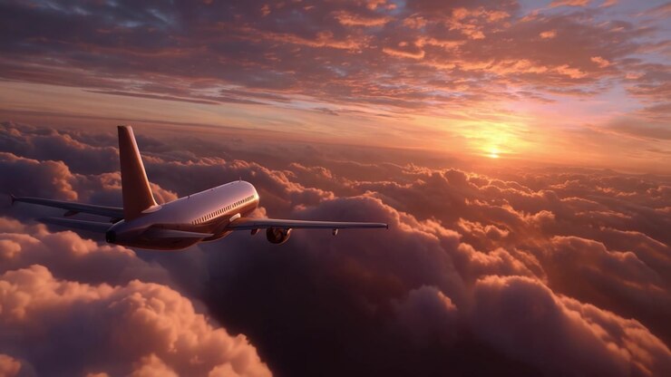 Un voyage époustouflant dans le ciel : Avion volant au-dessus de nuages colorés lors d'un magnifique coucher de soleil, capturant l'essence du voyage et de l'aventure