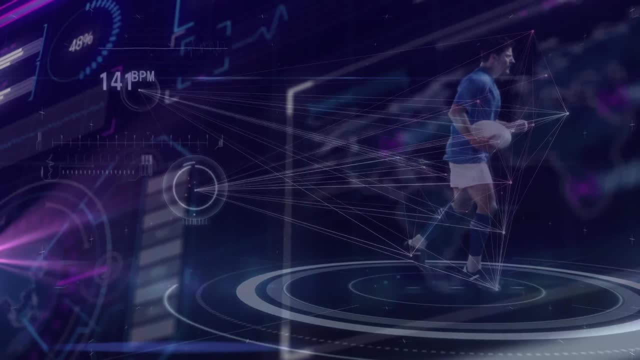 Animation of interface processing data over rugby player running with ball