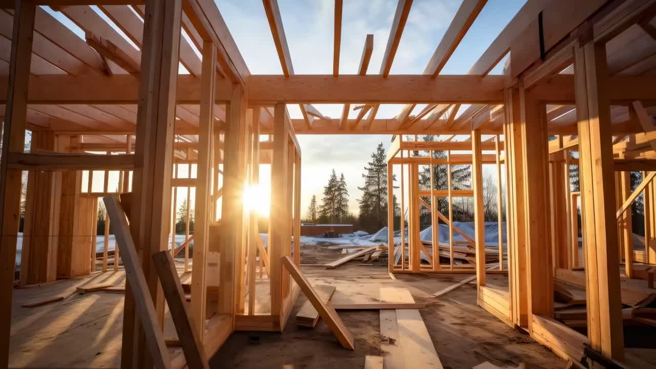 Vidvinkelbilde av en treramme under konstruksjon ved solnedgang, som fanger den rolige