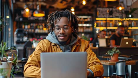 a young man with dreadlocks and glasses working on a laptop in a cafe