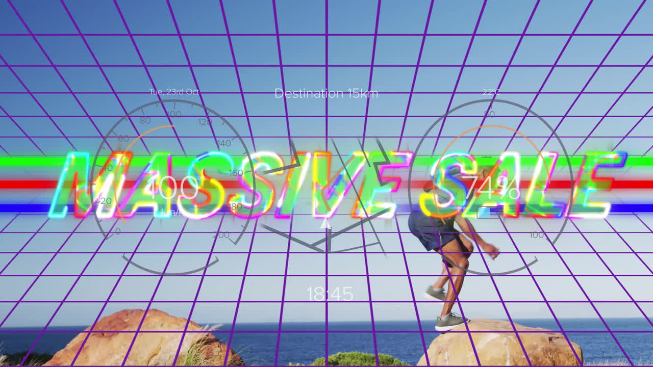 Jumping between rocks, man with animation of Massive Sale text and grid overlay