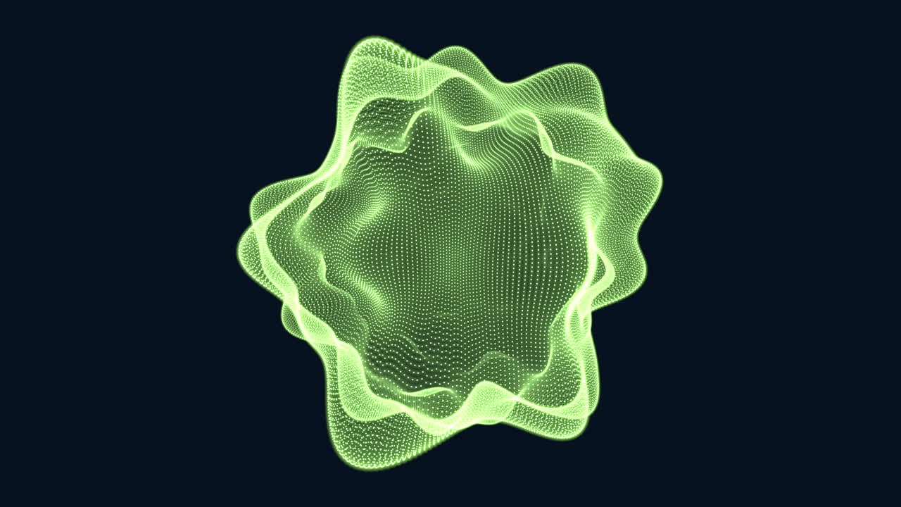 Abstract glowing green particle wave sphere forming a fluid organic shape on a dark background, ideal for technology, science, data visualization, music visuals and modern digital backgrounds