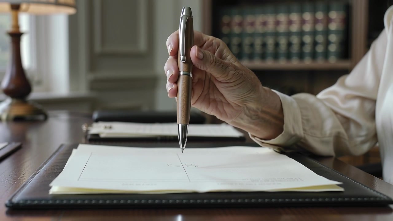 Mano sinistra con polsino che porge una penna di legno verso una mano con manica in ufficio, segnando un mirino