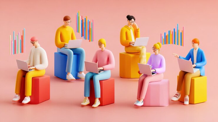 A Group of Stylized Characters Engaged in Digital Work on Laptops with Colorful Graphs, Highlighting Collaborative Efforts in a Modern Workspace Setting