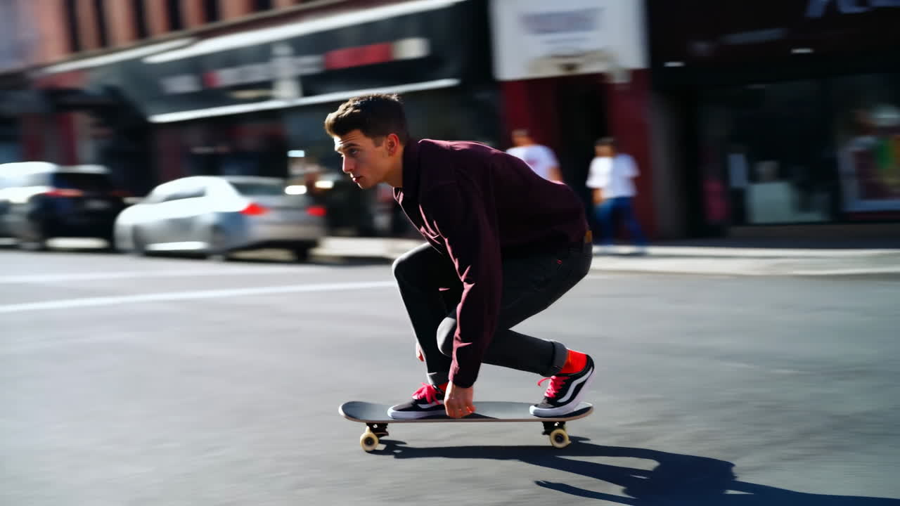 Ung mand skateboarder ned ad en bygade