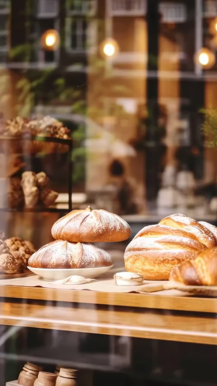 Video of a bakery display with fresh bread and pastries, shot from a low angle through a window