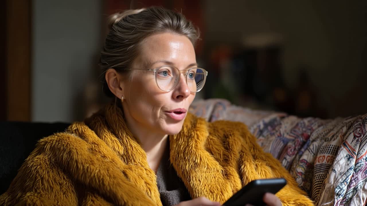 Woman smiles softly while using her phone. She wears glasses and a cozy, mustard-colored coat. Soft indoor lighting highlights her gentle expression. Her gaze is fixed on the device