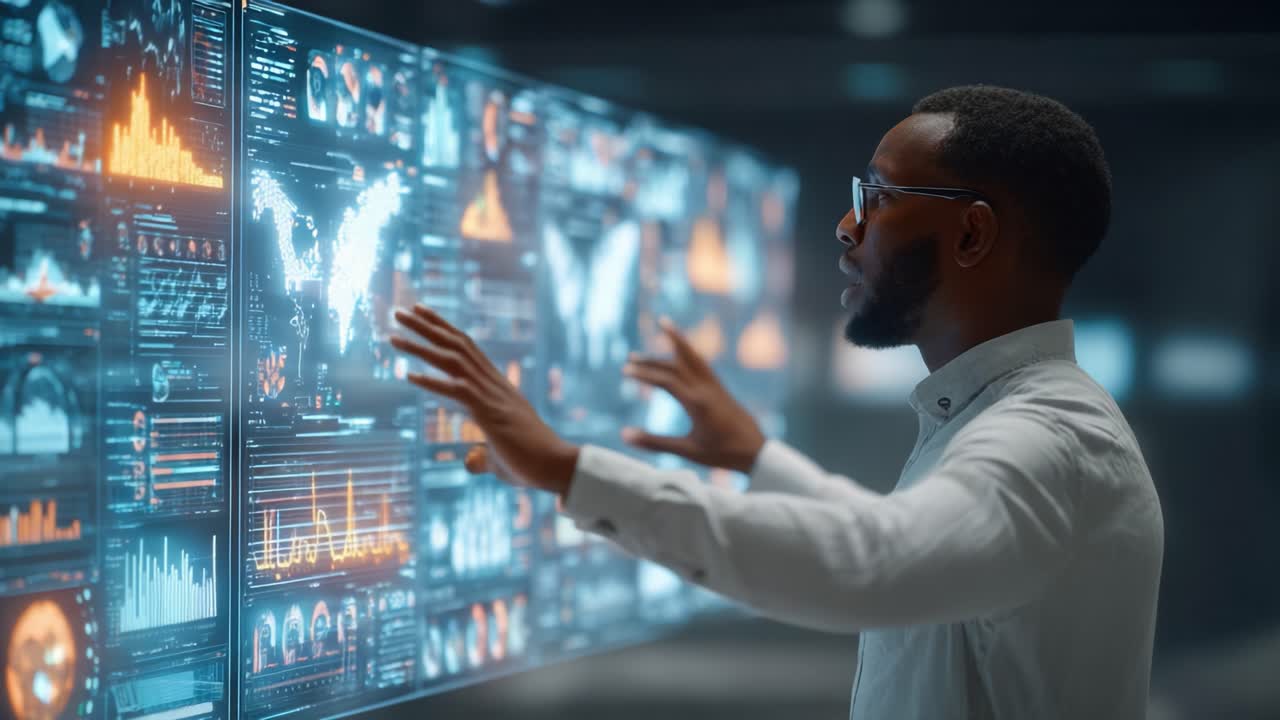 A focused individual analyzes complex data visualizations on a high-tech interface, revealing insights and trends through interactive displays in a modern workspace