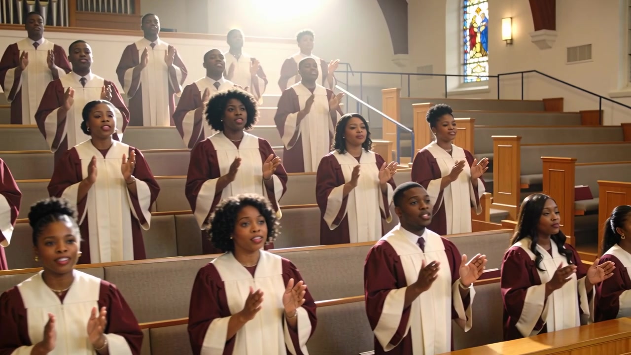 Song starting, church choir singing and clapping in sanctuary in maroon white robes during worship