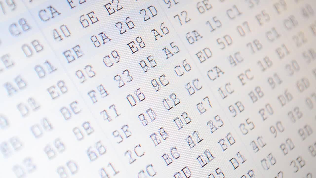 Work of the program. Movement of figures on the screen. Hexadecimal program code on screen. Animated background of moving binary code numbers