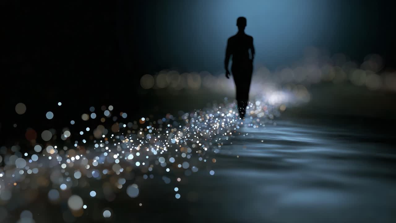 A solitary figure walks along a shimmering pathway of light on a serene surface, surrounded by an enchanting atmosphere that evokes tranquility and reflection