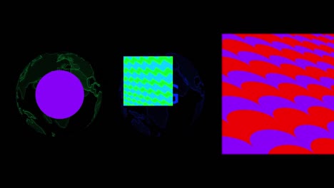 Animationen-Von-Globen,-Geometrischen-Formen-Auf-Schwarzem-Hintergrund