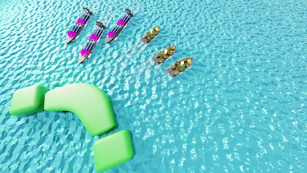 un video animado que muestra una gran cantidad de vacunas transportadas por barco y dinero saliendo