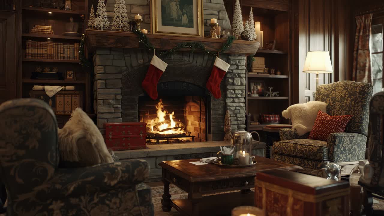 Flickering stone fireplace flames crackling and dancing in living room, creating cozy holiday mood