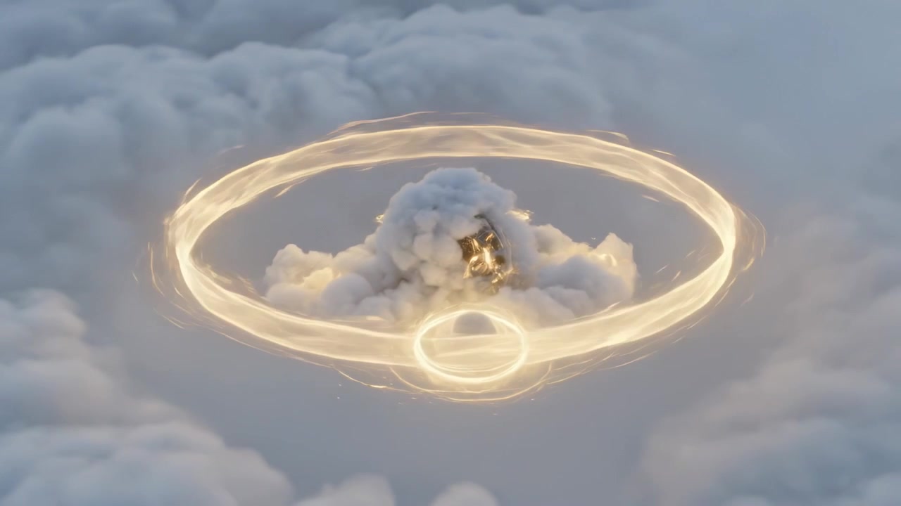 Forming golden torus and halo around cumulus mound above clouds, revealing gold core and sparks