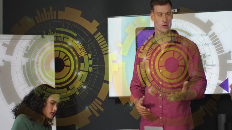 Presenting in meeting room, man with digital interface animation over screen and colleague