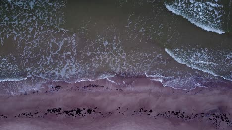 beautiful aerial view of an old wooden pier at the baltic sea coastline, overcast day, white sand beach affected by sea coastal erosion, calm seashore, wide birdseye drone dolly shot moving right