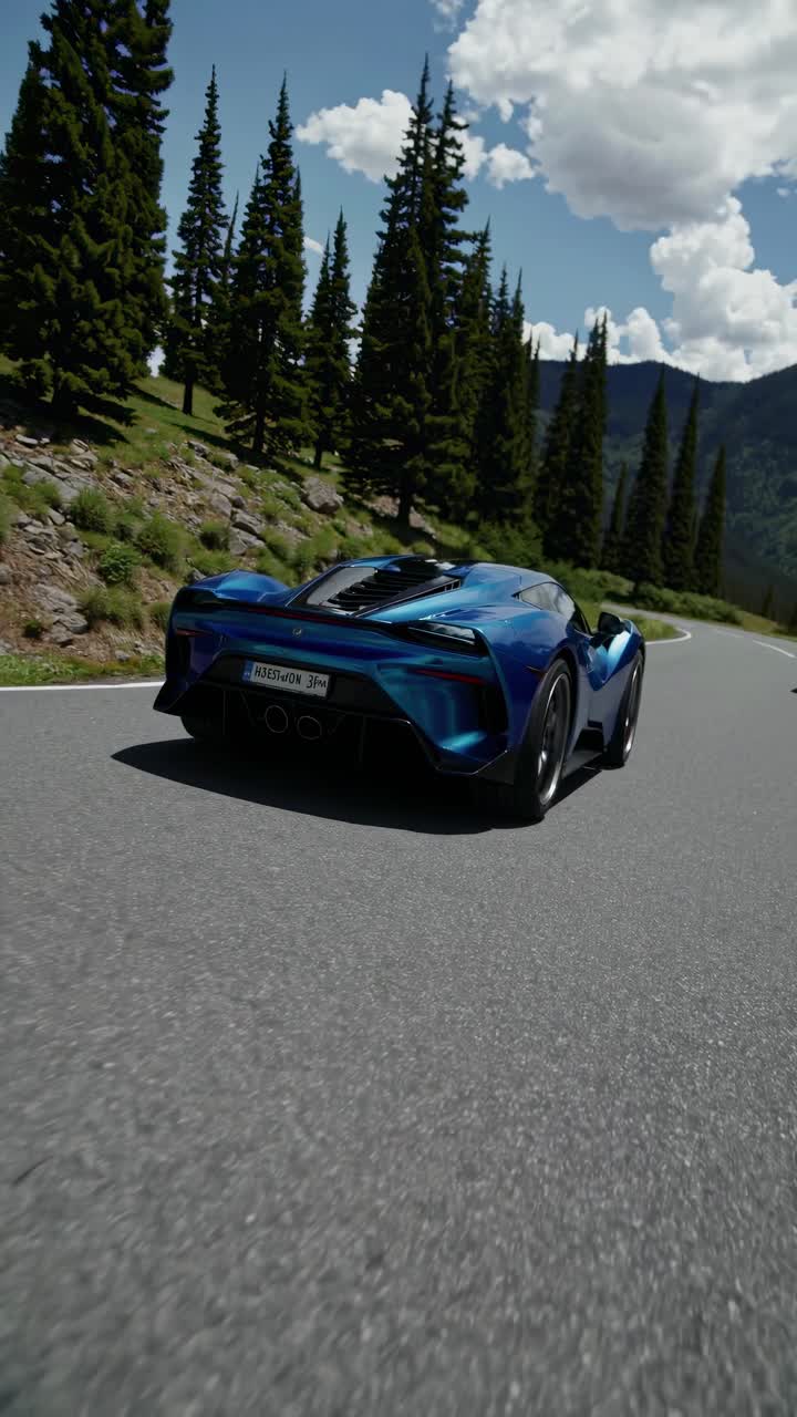 Dynamic low-angle shot of a sleek blue sports car speeding through a scenic mountain road
