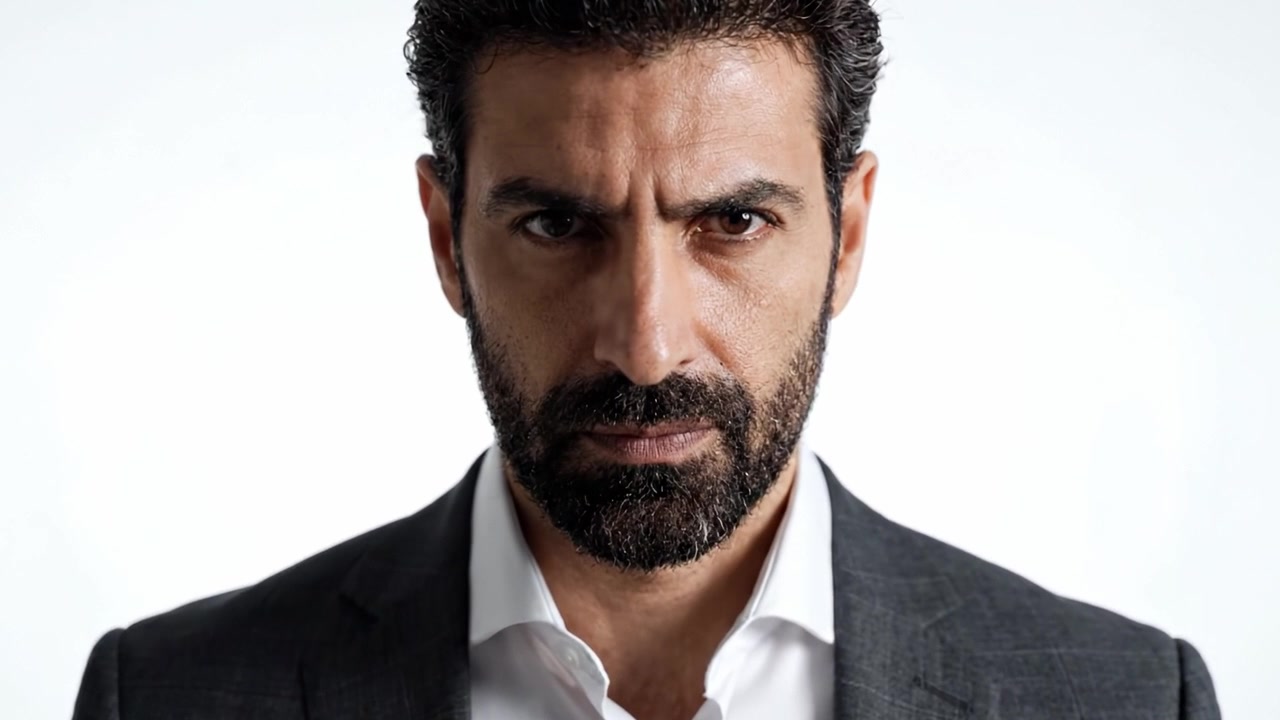 Intense Gaze of a Man in Formal Attire: Capturing a Moment of Determination and Strength in a Studio Setting with an Impactful Expression