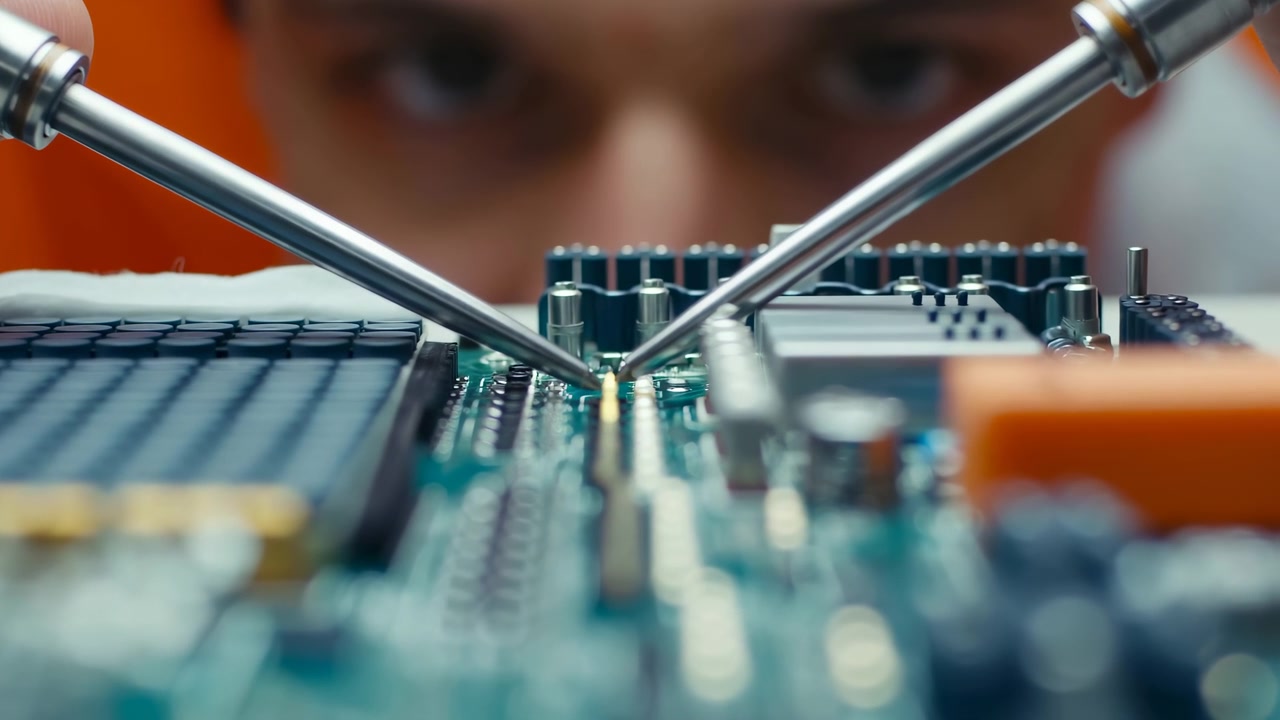 A blurred technician uses precision tools to adjust components on a circuit board in a close-up workshop scene, with small electronic parts, metal details