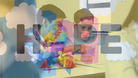 animation of colorful puzzle, clouds and hope over happy caucasian boys using tablet