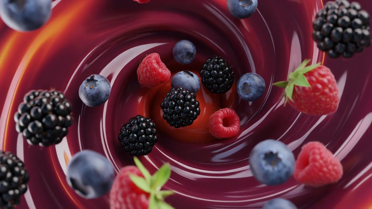 Fresh Berries Swirling in Vibrant Berry Puree
