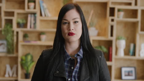 portrait of independent woman looking serious young caucasian female wearing stylish fashion leather jacket in modern indoors background