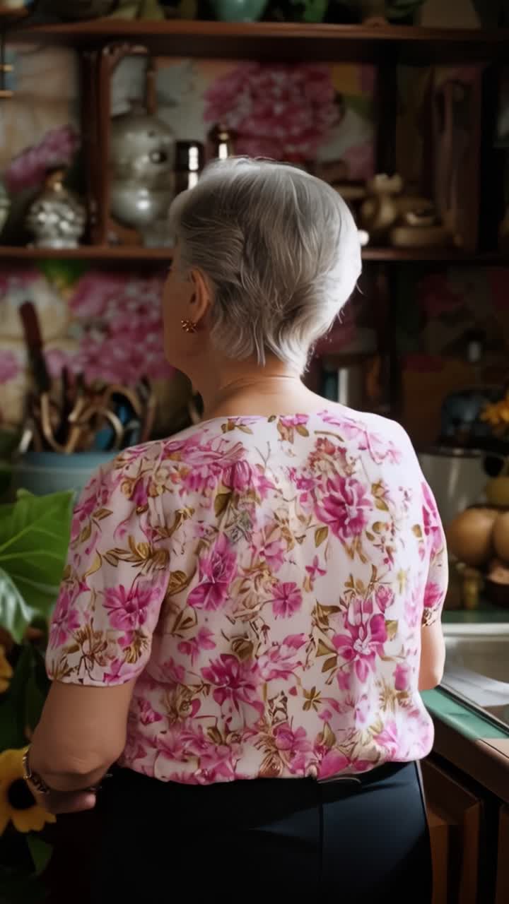 Una nonna guarda la TV in una cucina accogliente. La sua schiena è rivolta verso la telecamera, con le mani appoggiate sul bancone. Un abito floreale aggiunge calore alla scena. La televisione ronza in un ambiente rustico, inquadrata dagli scaffali della cucina e dalla luce del sole.