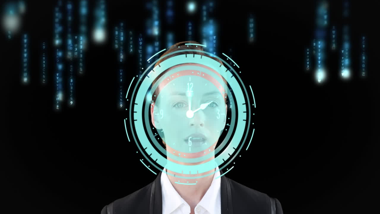 검은색 배경에 데이터 처리를 통해 움직이는 시계와 백인 사업가의 애니메이션