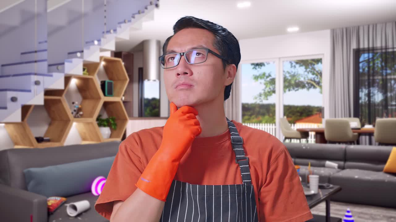 up cercano de ama de casa masculina asiática con un delantal pensando en algo y mirando a su alrededor luego levantando su dedo índice en la casa