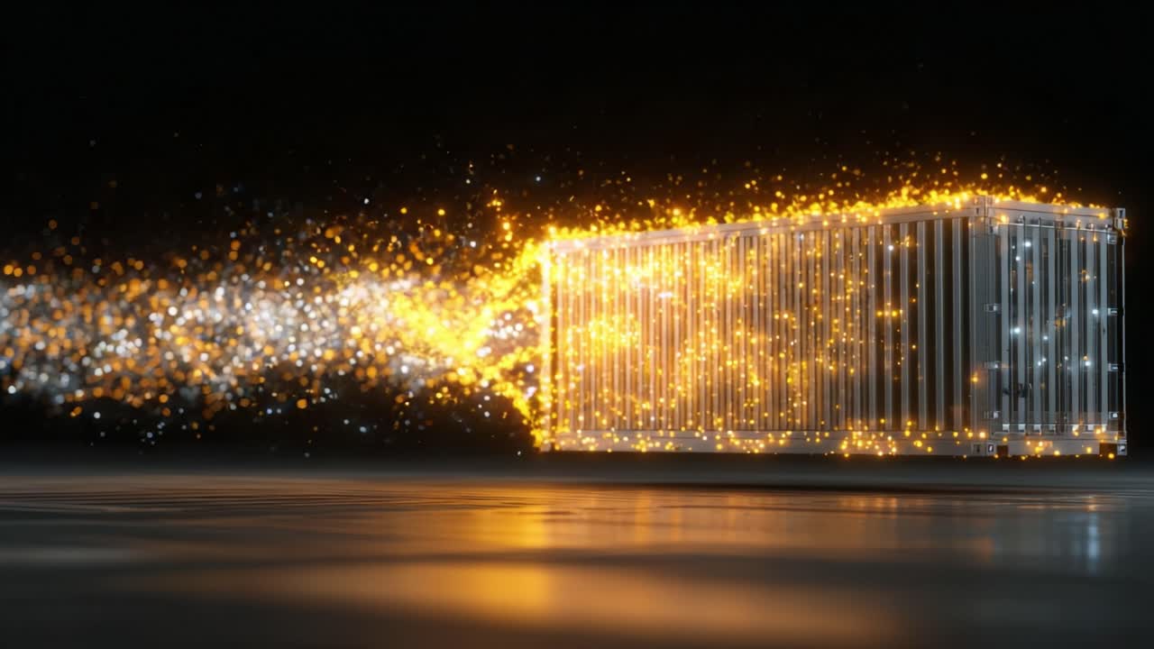Glowing digital shipping container symbolizing modern logistics and global trade technology, with a stream of gold and silver particles filling the intermodal freight unit on a dark background