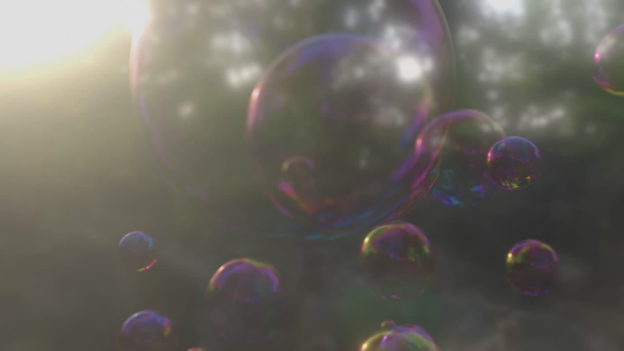 Colorful soap bubbles floating in the forest