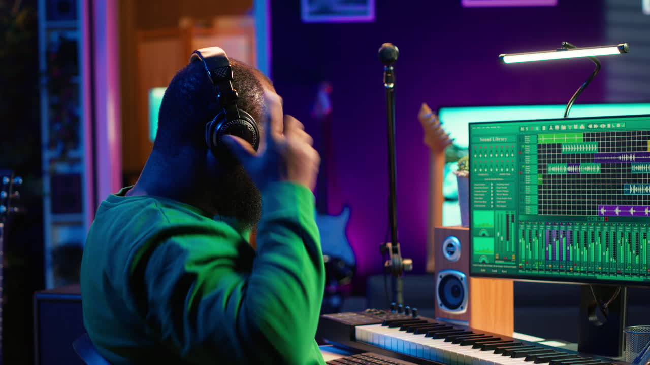 productor de sonido que trabaja con consola y teclado electrónico para crear pistas