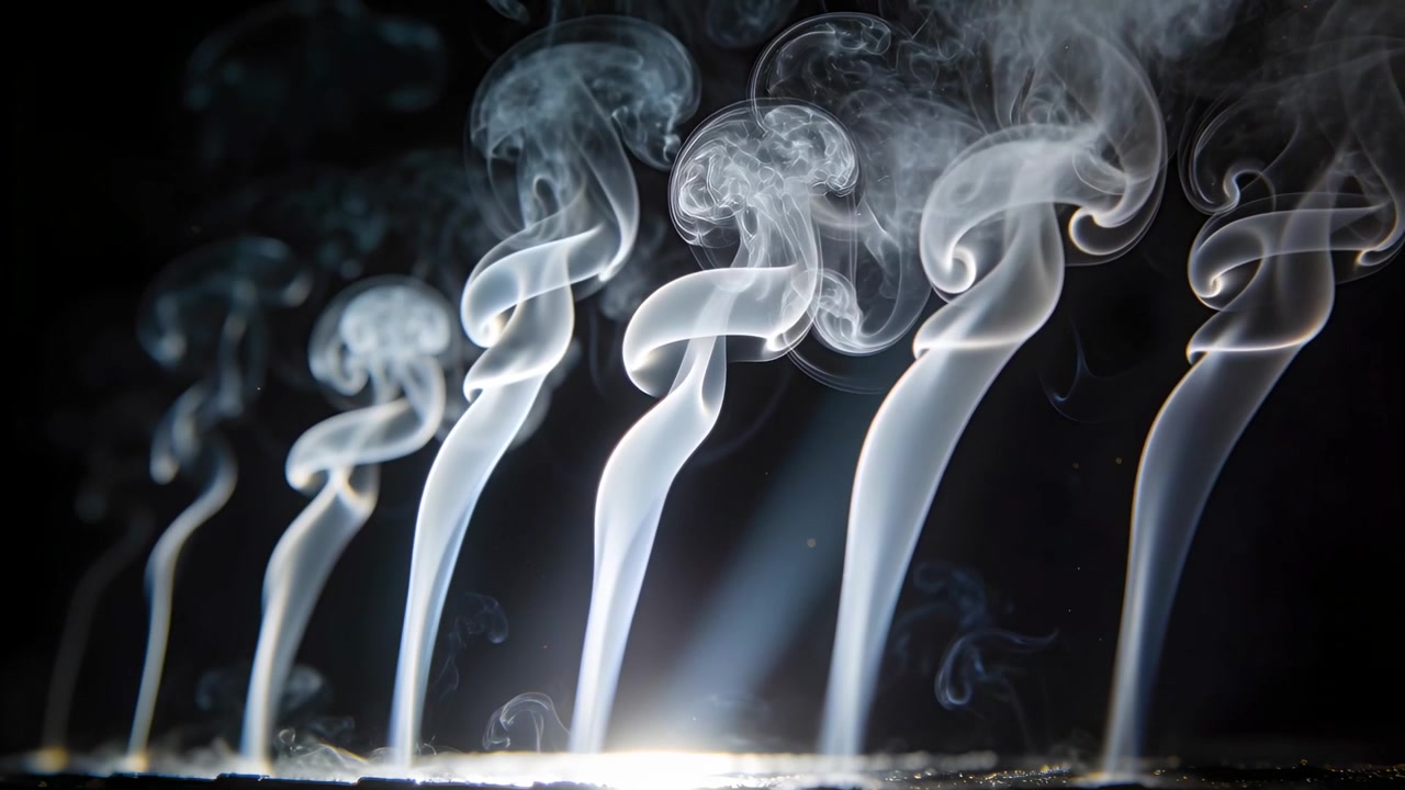 Rauchfahnen steigen von einem beleuchteten Streifen auf, winden sich und verschmelzen zu Spiralen vor dunklem Hintergrund, mit sichtbaren Partikeln.