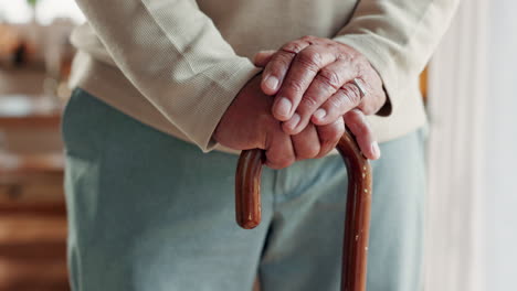 close-up of an elderly man's hands holding a walking stick