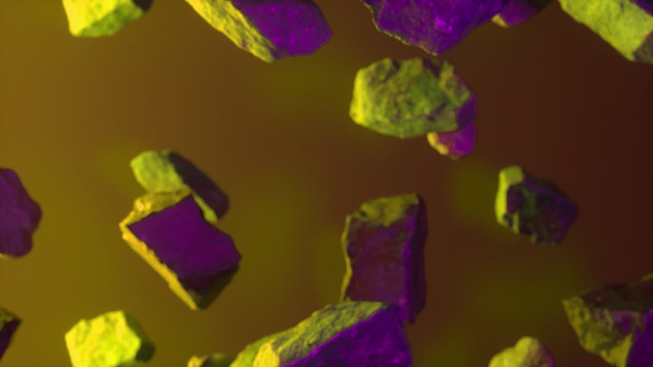 rocas en fondo púrpura amarillo neón. fly rocks piezas de fondo. fondo abstracto mínimo para la presentación de marcas y envases. plantilla de maqueta para el diseño de anuncios. bucle de animación 3d en 4k