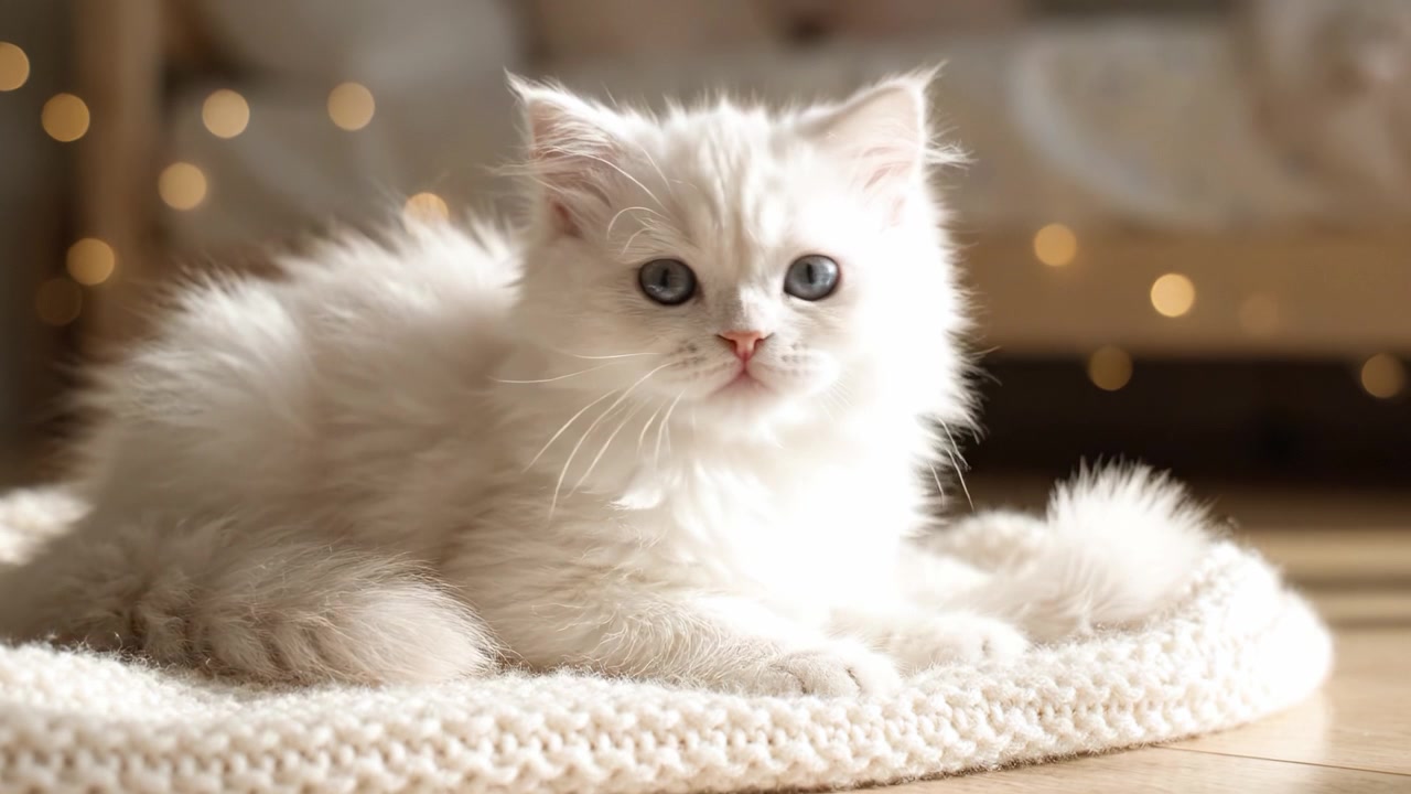 Anak Kucing Putih Berbulu Halus yang Menggemaskan Meringkuk di Selimut Nyaman dengan Lampu Latar Berkilau Memikat Hati dalam Pengaturan Dalam Ruangan yang Hangat