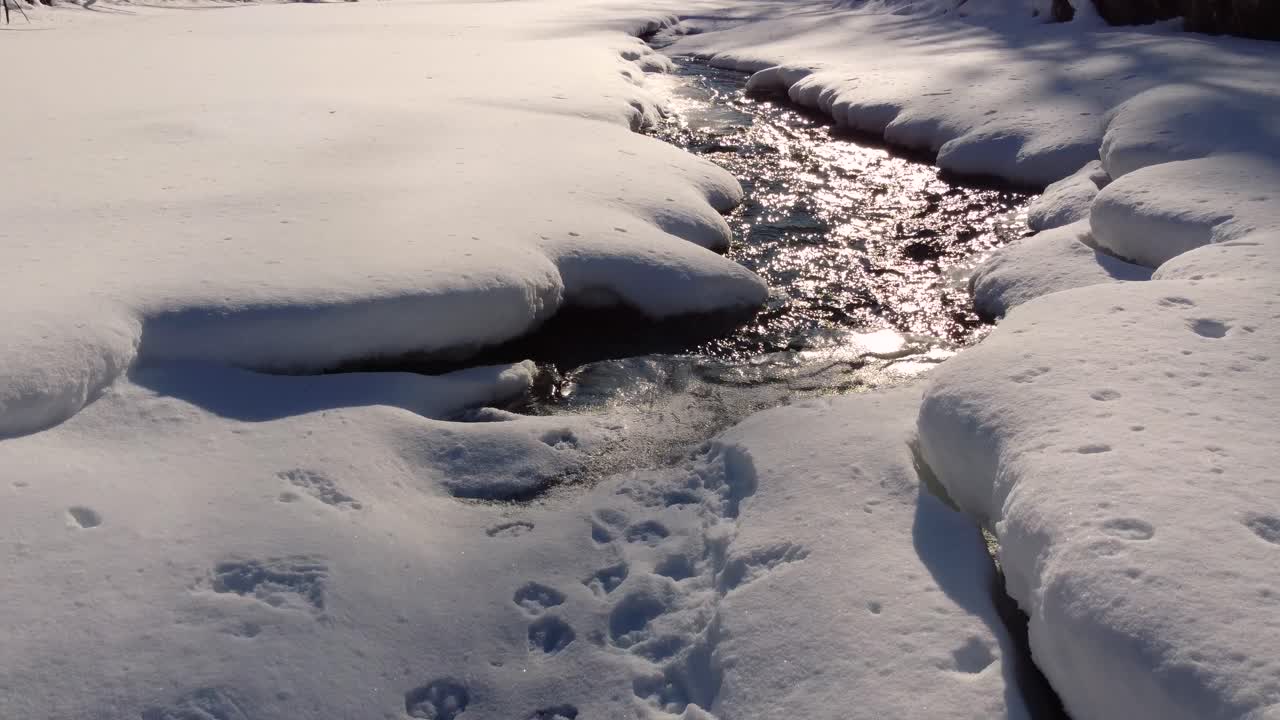 Snowmelt and a river starting anew in Sherbrooke, Canada